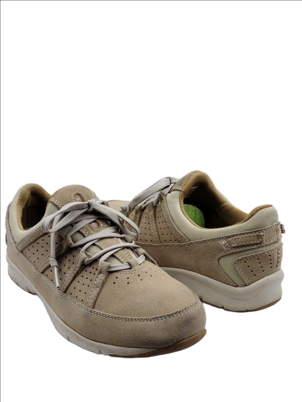 Lands End Tan Suede Perforated Overlay Upper Round Toe Lace Up Low Top Sneaker
